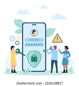 Secure login to mobile phone app using username and password vector illustration. Cartoon tiny people holding keys to safe shield with lock on screen of smartphone, protection of online access