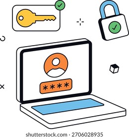 Inicio de sesión seguro en la computadora portátil con entrada de Contraseña. La llave y el candado se suman al concepto de seguridad cibernética y a la protección de la Contraseña. Ilustración vectorial plana isométrica.