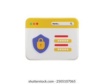 Secure login page with password form on computer and padlock icon 3d render