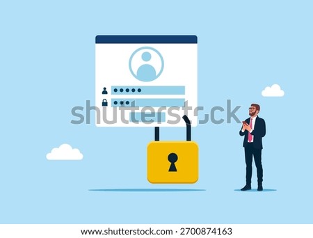 Secure login and password protection on account. Strong password, security, privacy. Cyber secure. Vector flat illustration