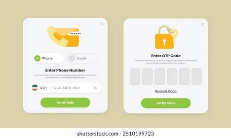 Secure login phone and email OTP verification popup ui element kit design with illustration