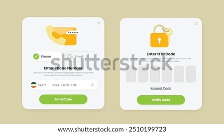 Secure login phone and email OTP verification popup ui element kit design with illustration