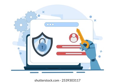 concepto de Inicio de sesión y registro seguro, seguridad de datos personales, seguridad de ​ ​datos cibernéticos, seguridad de Internet o privacidad de la información, protección de la Contraseña. Ilustración vectorial plana sobre fondo.