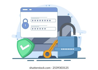 login seguro e conceito de registro, Segurança de dados pessoais, Segurança de ciber​ ​dados, Segurança da Internet, ou privacidade de informações, Proteção por senha. Ilustração de vetor plano no plano de fundo.