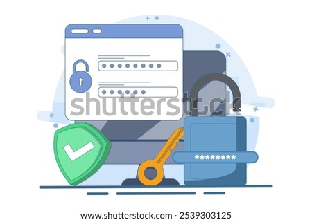 secure login and registration concept, Personal data security, Cyber ​​data security, Internet security, or information privacy, Password protection. Flat vector illustration on background.