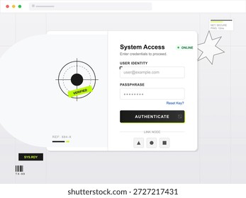 Uma tela de login seguro mostra os campos de identidade e senha do usuário junto com um destino de verificação. Ideal para mostrar conceitos de segurança cibernética e controle de acesso em design digital.