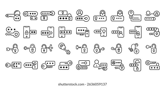 Inicio de sesión seguro y desbloqueo de la Colección de iconos. Vector EPS que ilustra el acceso sin contraseña, la autenticación de dos factores y los símbolos inteligentes de verificación de identidad