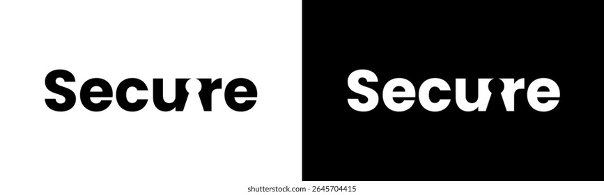 Design de logotipo seguro. Marca de palavras moderna segura com design de logotipo de buraco de fechadura. Na ilustração vetorial em preto e branco.