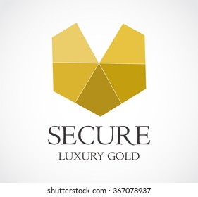 Secure luxury of gold shield abstract vector and logo design or template protection geometric business icon of company identity symbol concept