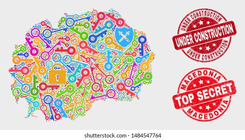 Secure Macedonia map and stamps. Red rounded Top Secret and Under Construction scratched stamps. Colored Macedonia map mosaic of different secure icons. Vector collage for safety purposes.