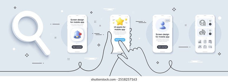 Paquete de iconos de línea de documento de Actualizar, tasa de cambio y correo seguro. Maqueta de pantalla de teléfono con estrella 3D, alerta y mensaje de chat. Temporizador de informe, estación de llenado, icono de Web de trabajo de externalización. Vector