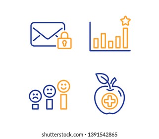 Secure mail, Efficacy and Customer satisfaction icons simple set. Medical food sign. Private e-mail, Business chart, Happy smile chart. Apple. Linear secure mail icon. Colorful design set. Vector