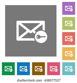 Secure mail flat icons on simple color square backgrounds