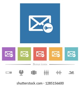 Secure mail flat white icons in square backgrounds. 6 bonus icons included.