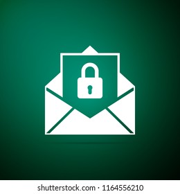 Secure mail icon isolated on green background. Mailing envelope locked with padlock. Flat design. Vector Illustration
