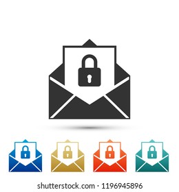 Secure mail icon isolated on white background. Mailing envelope locked with padlock. Set elements in colored icons. Flat design. Vector Illustration