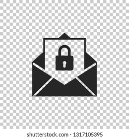 Secure mail icon isolated on transparent background. Mailing envelope locked with padlock. Flat design. Vector Illustration