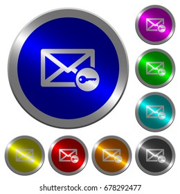 Secure mail icons on round luminous coin-like color steel buttons