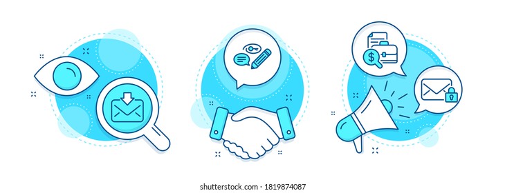 Secure mail, Incoming mail and Accounting report line icons set. Handshake deal, research and promotion complex icons. Keywords sign. Private e-mail, Download message, Financial case. Vector