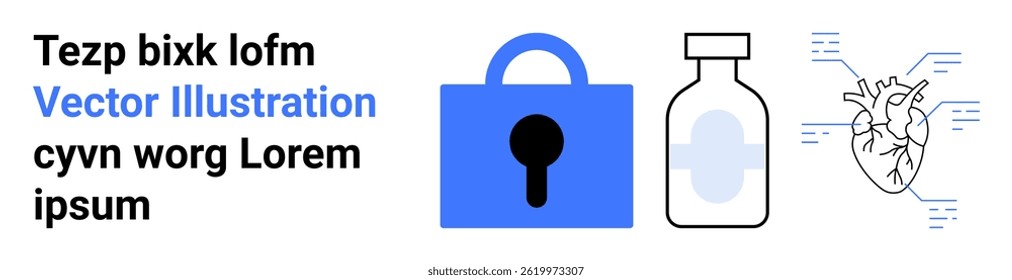 Secure medical access represented by a blue lock, a medicine bottle, and a diagram of a heart. Ideal for healthcare, pharmaceuticals, security, medical data protection, cardiology, patient