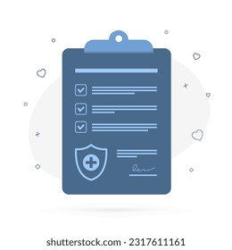 Secure medical insurance protection depicted by a shield symbol with a cross on a clipboard. Ensure peace of mind with comprehensive medical coverage. Flat design vector illustration