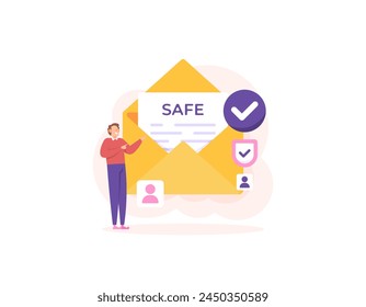 mensaje seguro. prevención y protección contra mensajes fraudulentos, correos electrónicos fraudulentos o delitos a través de SMS. seguridad del usuario. un hombre con un símbolo de letra y una marca de verificación. diseño de concepto de ilustración. gráfico