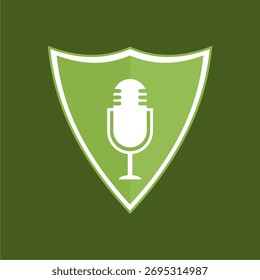 Ícone Vetor De Blindagem De Microfone Seguro. Símbolo Gráfico Verde e Branco para Proteção de Voz, Política de Privacidade, Gravação Segura, Segurança de Áudio ou Serviço de Transmissão Protegido