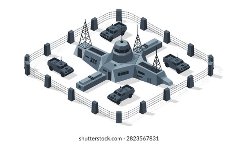 Secure military facility with armored vehicles, tall fencing, and high-tech watchtowers, representing a fortified base in an isometric perspective.