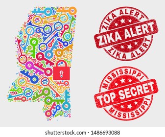 Secure Mississippi State map and seal stamps. Red rounded Top Secret and Zika Alert textured seal stamps. Colored Mississippi State map mosaic of different guard items.