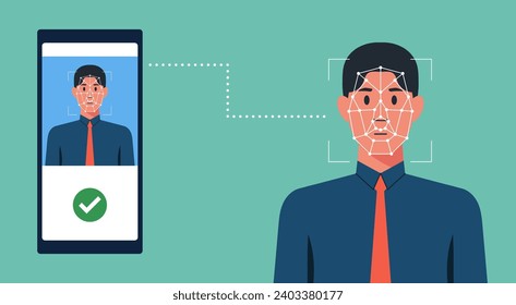 Secure Mobile Banking, Facial Recognition on the Phone for Biometric Payment with Businessman, Flat Vector Illustration Design