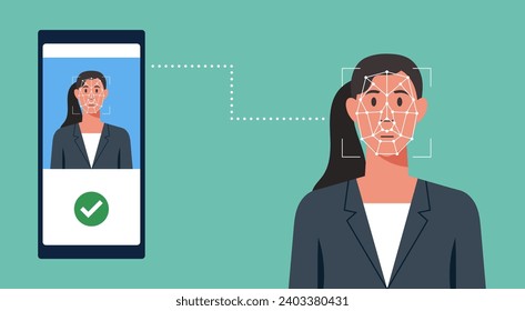 Secure Mobile Banking, Facial Recognition on the Phone for Biometric Payment with Businesswoman, Flat Vector Illustration Design