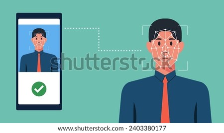 Secure Mobile Banking, Facial Recognition on the Phone for Biometric Payment with Businessman, Flat Vector Illustration Design