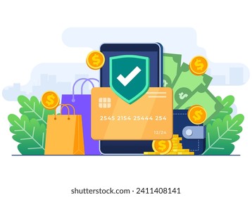 Secure mobile banking flat illustration, Online shopping, E-banking, Digital wallet, Secure transaction