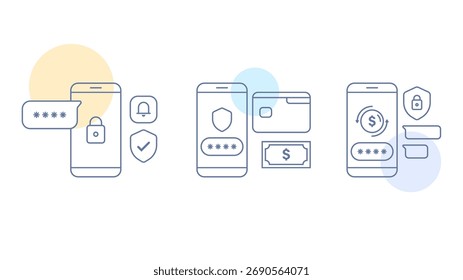 Banca móvil segura e ilustración de pago en línea. Concepto de billetera digital, protección de Contraseña y seguridad financiera en un estilo de contorno plano mínimo. App financieros, transferencia de dinero y fintech