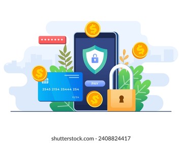 Secure mobile banking payment concept flat illustration vector template, Digital banking, Internet money, Safe online money transaction, Credit card payment