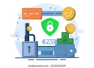 concepto de pago bancario móvil seguro, banca digital, dinero por Internet, transacción de dinero en línea segura, pago con tarjeta de débito, tarjeta de pago, Plantilla de Vector de ilustración plana.