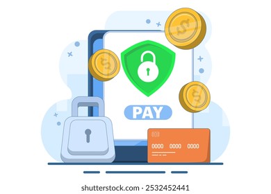 secure mobile banking payment concept, Digital banking, Internet money, Secure online money transaction, Debit card payment, payment card, Flat illustration vector template.