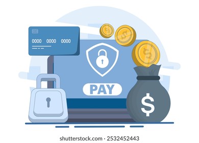secure mobile banking payment concept, Digital banking, Internet money, Secure online money transaction, Debit card payment, payment card, Flat illustration vector template.