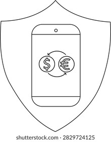 A secure mobile currency exchange concept featuring a smartphone within a shield, displaying dollar and euro currency symbols, representing safe and protected financial transactions.