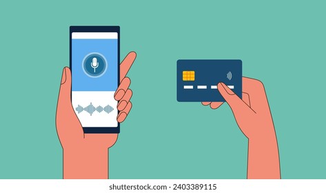 Secure Mobile Finance, Voice Recognition and Biometric Payment on the Phone with Credit Card, Flat Vector Illustration
