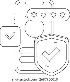 Logon móvel seguro com estrelas de classificação e ícone de escudo verificado para proteção digital avançada e confiança do usuário