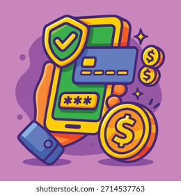 Pago móvil seguro con tarjeta de crédito y Vector de dibujos animados Shield