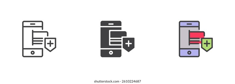 Secure Mobile Payment different style icon set. Line, glyph and filled outline colorful version, outline and filled vector sign. Mobile phone with a credit card and shield symbol, logo illustration