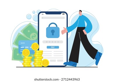 Ilustração de pagamento móvel seguro mostrando smartphone com ícone de cadeado, dinheiro digital, moedas e cartão bancário representando proteção financeira on-line.