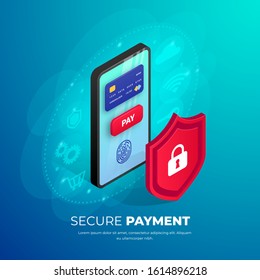 Secure mobile payment isometric banner concept. 3d smartphone with credit card, fingerprint, button on screen, icons around behind shield. Online shopping safety, e-wallet security vector illustration