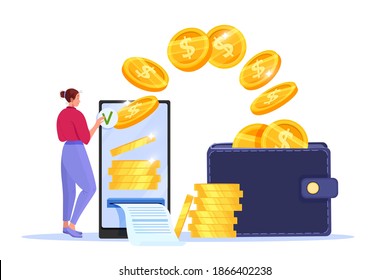 Secure mobile payment, money transfer or online finance concept with smartphone, woman, flying coins, wallet. Digital internet transaction or cashback banking illustration. Safe money transfer clipart