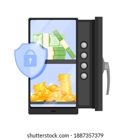 Secure mobile payment, safe digital online e-wallet bank vector concept with dollar coins, bills, shield, lock. Finance transaction security flat illustration with smartphone. Secure isolated e-wallet