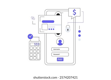 Secure mobile payments service. Online payment protection, smart secure shopping. Insert credit card into phone screen. Flat Cartoon Vector Illustration, icon. Stylish abstract 