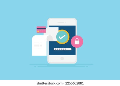 Secure mobile transaction, Sending money from mobile app, credit card with mobile payment system - vector illustration background with icons