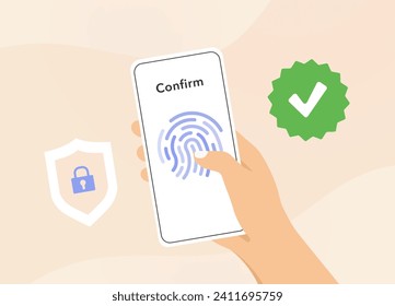 Secure mobile transactions with biometric payment solutions. M-commerce contactless transactions using fingerprint authentication for e-commerce payments on mobile phones. Flat vector illustration